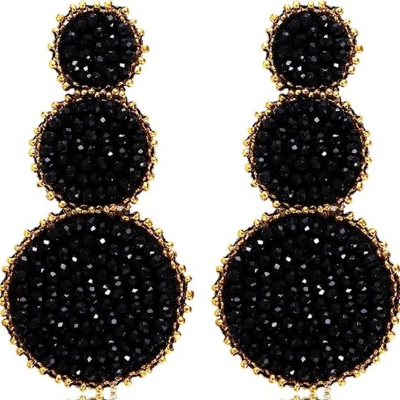 Black Gold Beaded Triple Tier Earrings Bohemian Bold Boho Statement Jewelry New - Picture 2 of 10